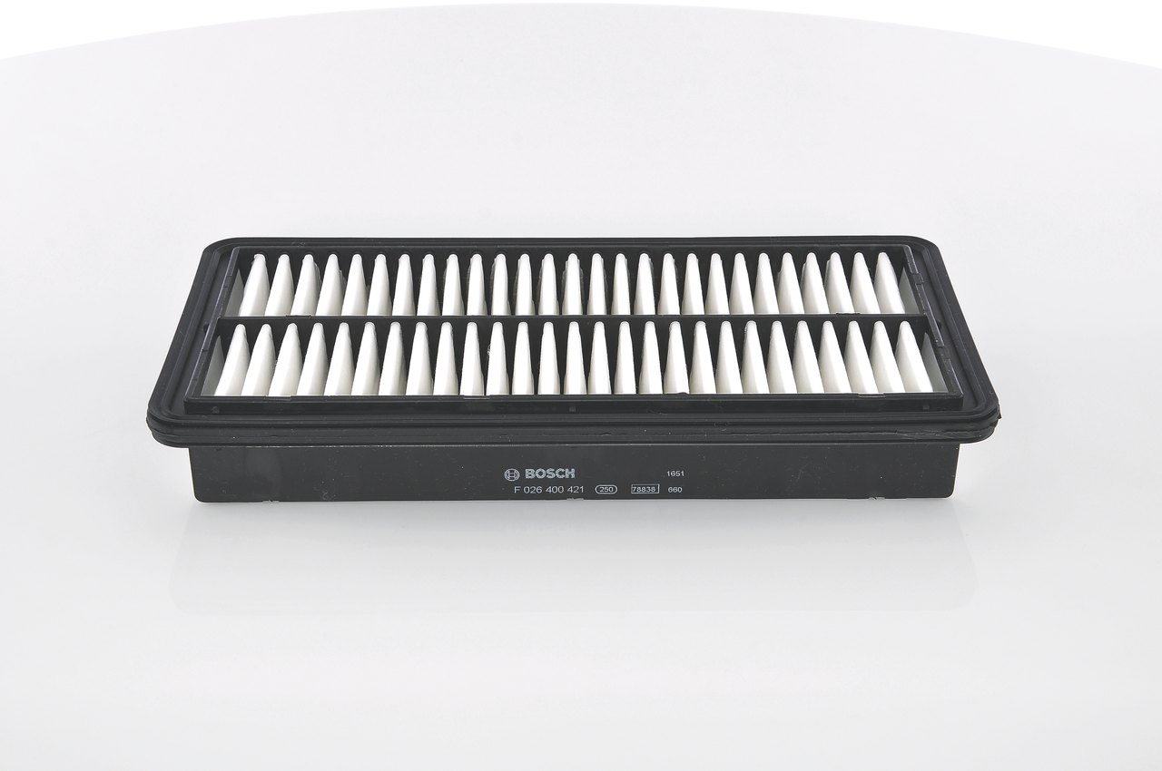 S0421 BOSCH Length: 295,5 mm, Filter Insert Length: 295,5mm, Width: 148mm, Height: 43,5mm Engine air filter F 026 400 421 buy