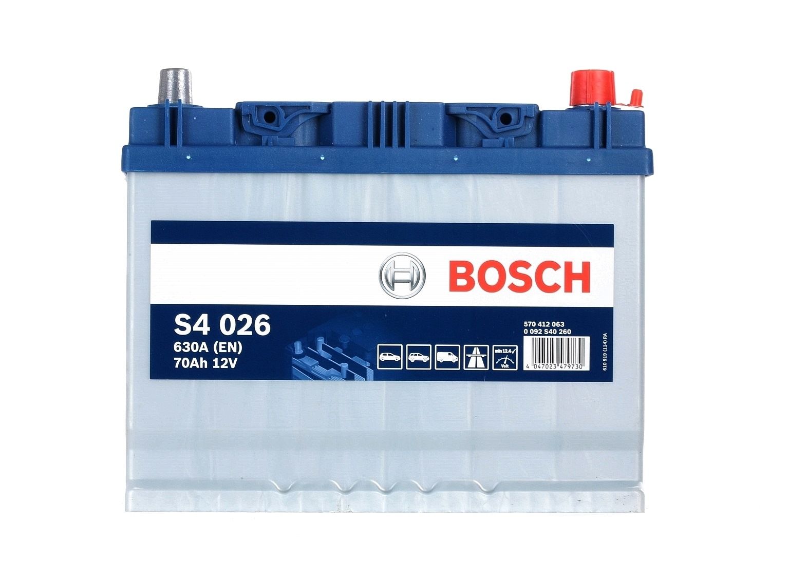 S4 026 BOSCH S4 12V 70Ah 630A B01 Lead-acid battery Cold-test Current, EN: 630A, Voltage: 12V Starter battery 0 092 S40 260 buy