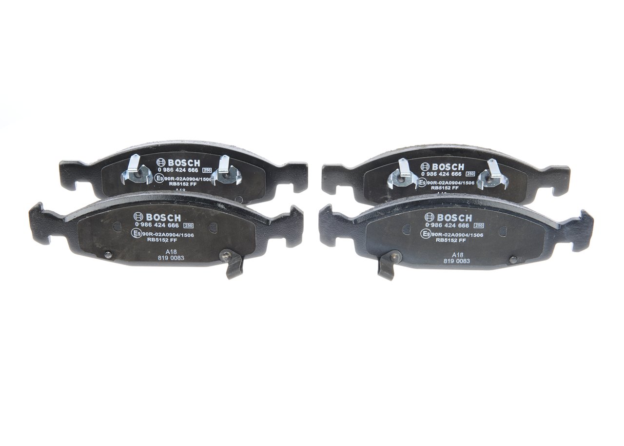 BP382 BOSCH Low-Metallic, with acoustic wear warning, with piston clip, with anti-squeak plate Height: 55,5mm, Width 1: 192,3mm, Width 2 [mm]: 194,2mm, Thickness: 18,4mm Brake pads 0 986 424 666 buy