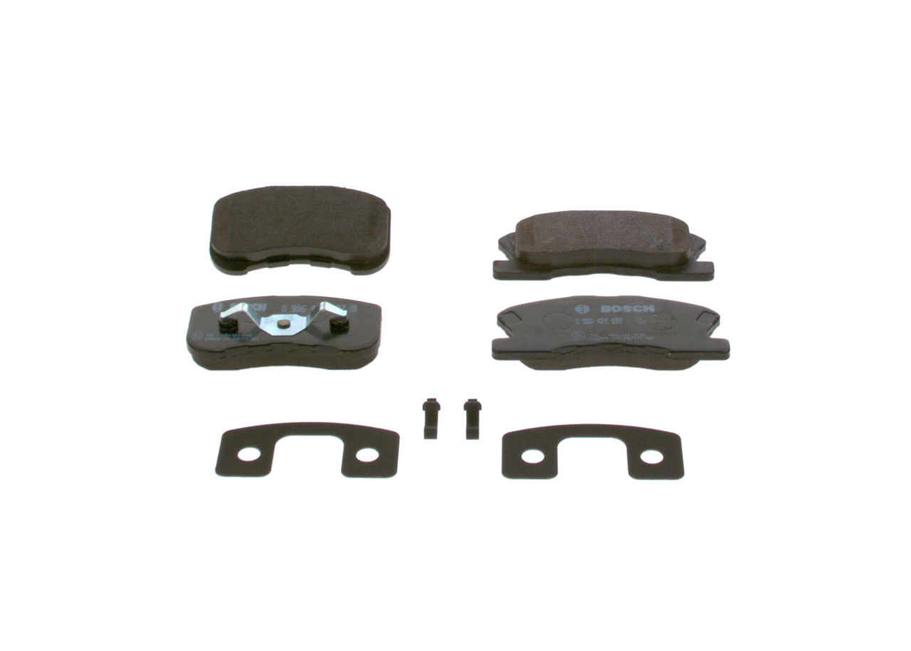 0 986 424 697 BOSCH Brake pad set DAIHATSU Low-Metallic, with acoustic wear warning, with piston clip, with anti-squeak plate, with spring