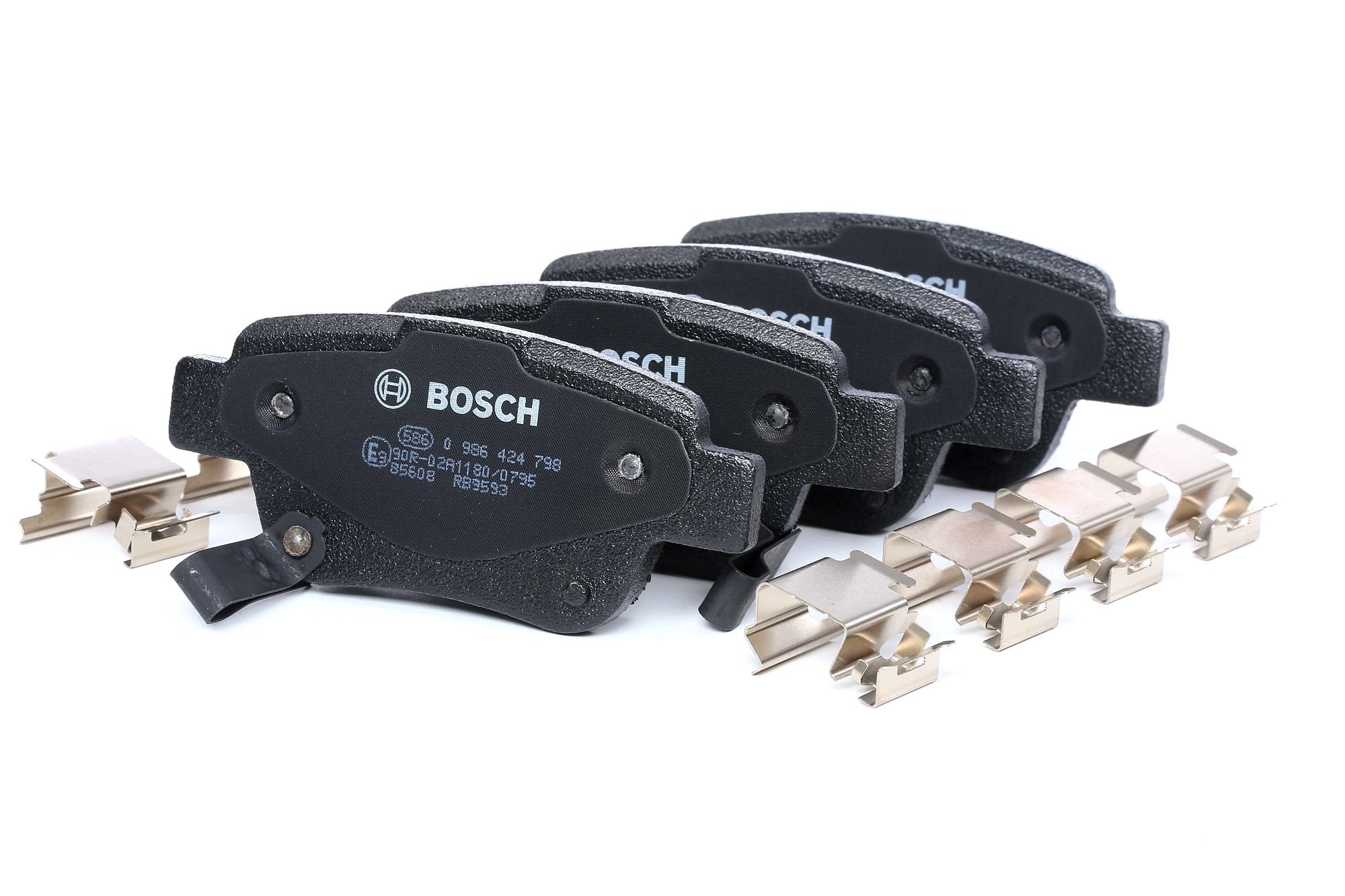 Brake pads BOSCH Low-Metallic, with acoustic wear warning, with anti-squeak plate, with mounting manual - 0 986 424 798