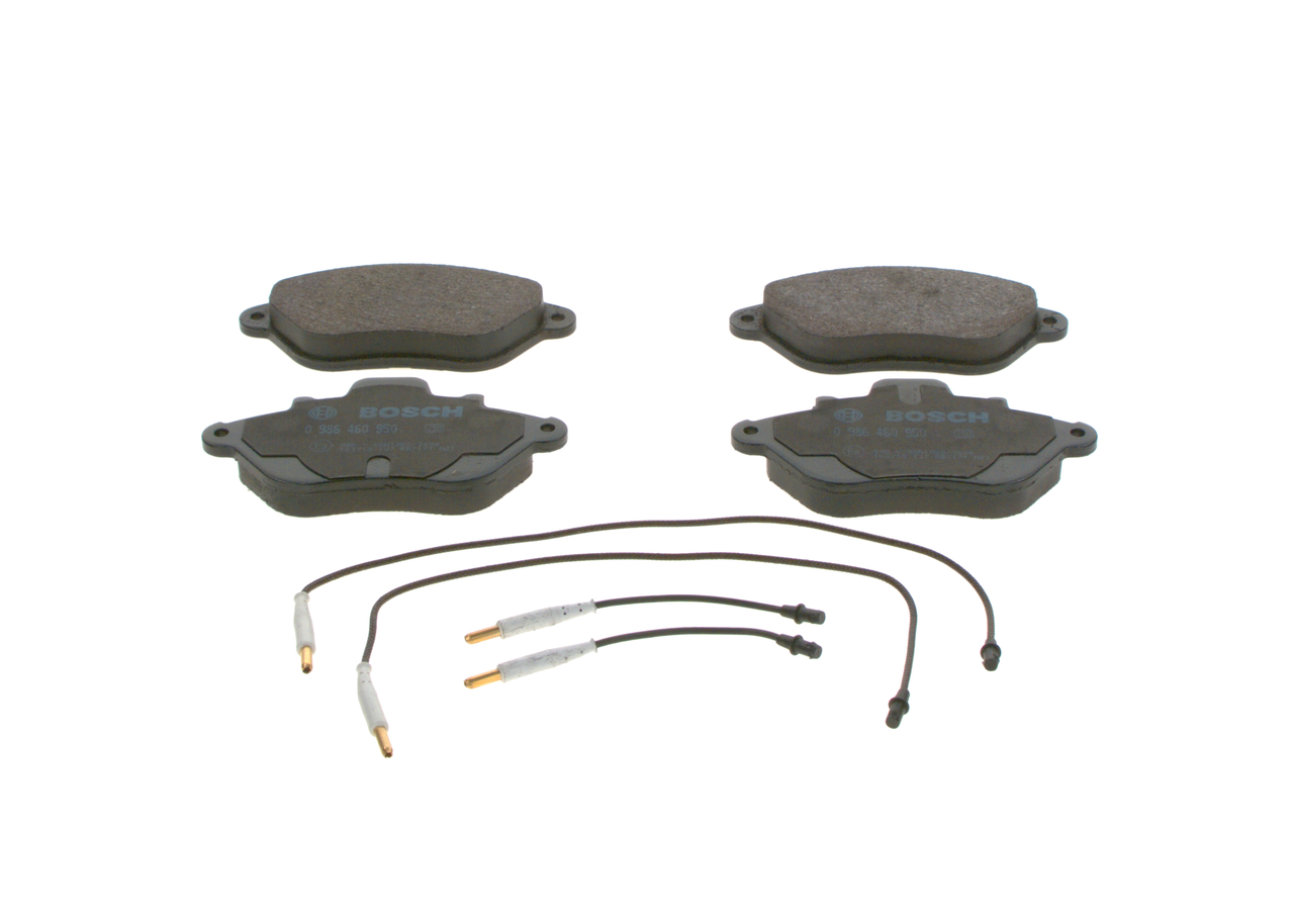 BOSCH 0 986 460 950 Brake pad set Low-Metallic, incl. wear warning contact, with anti-squeak plate, with mounting manual