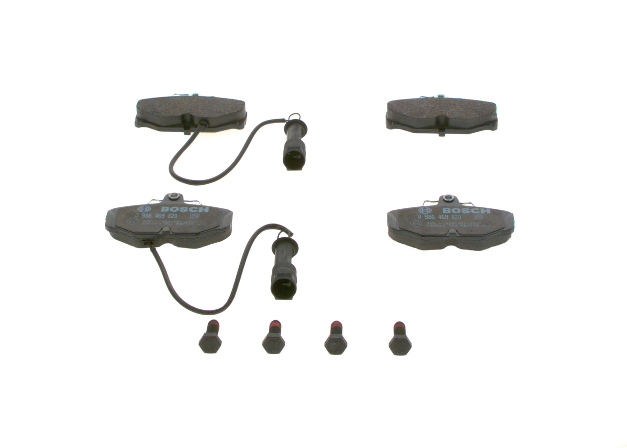 BOSCH 0 986 469 820 Brake pad set Low-Metallic, incl. wear warning contact, with mounting manual, with anti-squeak plate, with bolts/screws