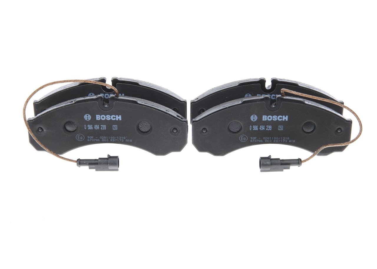 BOSCH 0 986 494 239 Brake pad set Low-Metallic, with integrated wear sensor, with mounting manual, with anti-squeak plate, with bolts/screws