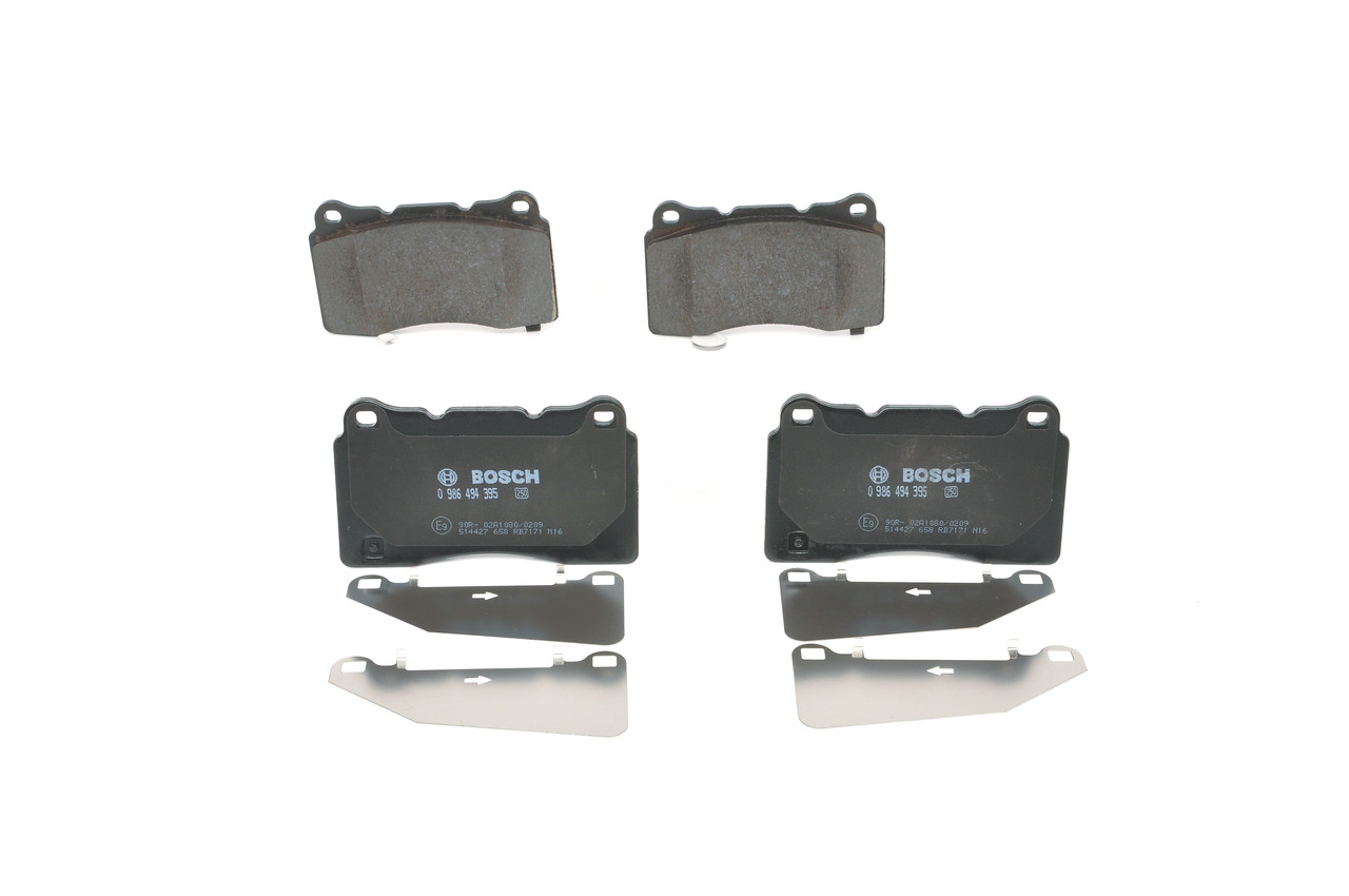 0 986 494 395 BOSCH Brake pad set SAAB Low-Metallic, with integrated wear warning contact, with acoustic wear warning, with anti-squeak plate, with mounting manual