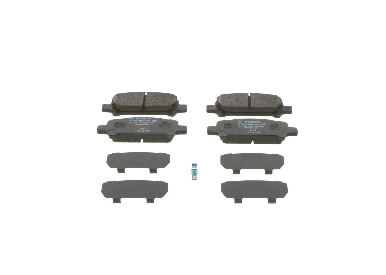BOSCH 0 986 494 445 Brake pad set Low-Metallic, with acoustic wear warning, with anti-squeak plate