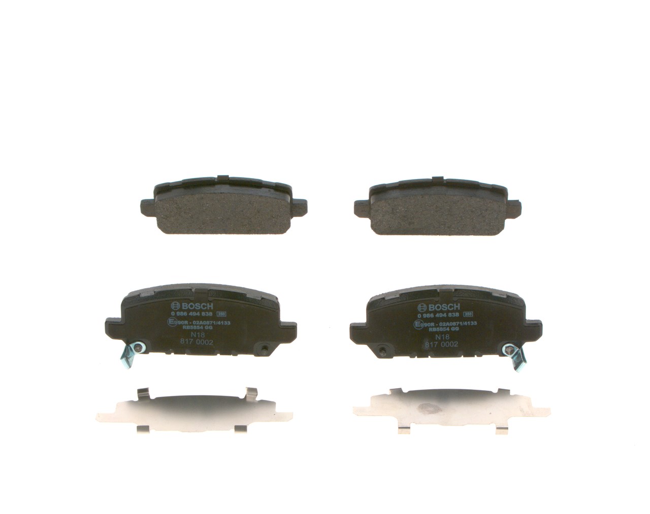 BOSCH 0 986 494 838 Brake pad set Low-Metallic, with integrated wear warning contact, with acoustic wear warning, with anti-squeak plate