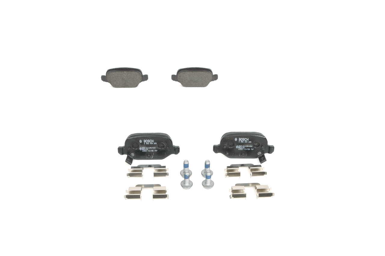 BOSCH 0 986 494 935 Brake pad set Low-Metallic, with integrated wear warning contact, with acoustic wear warning, with bolts/screws, with spring, with accessories