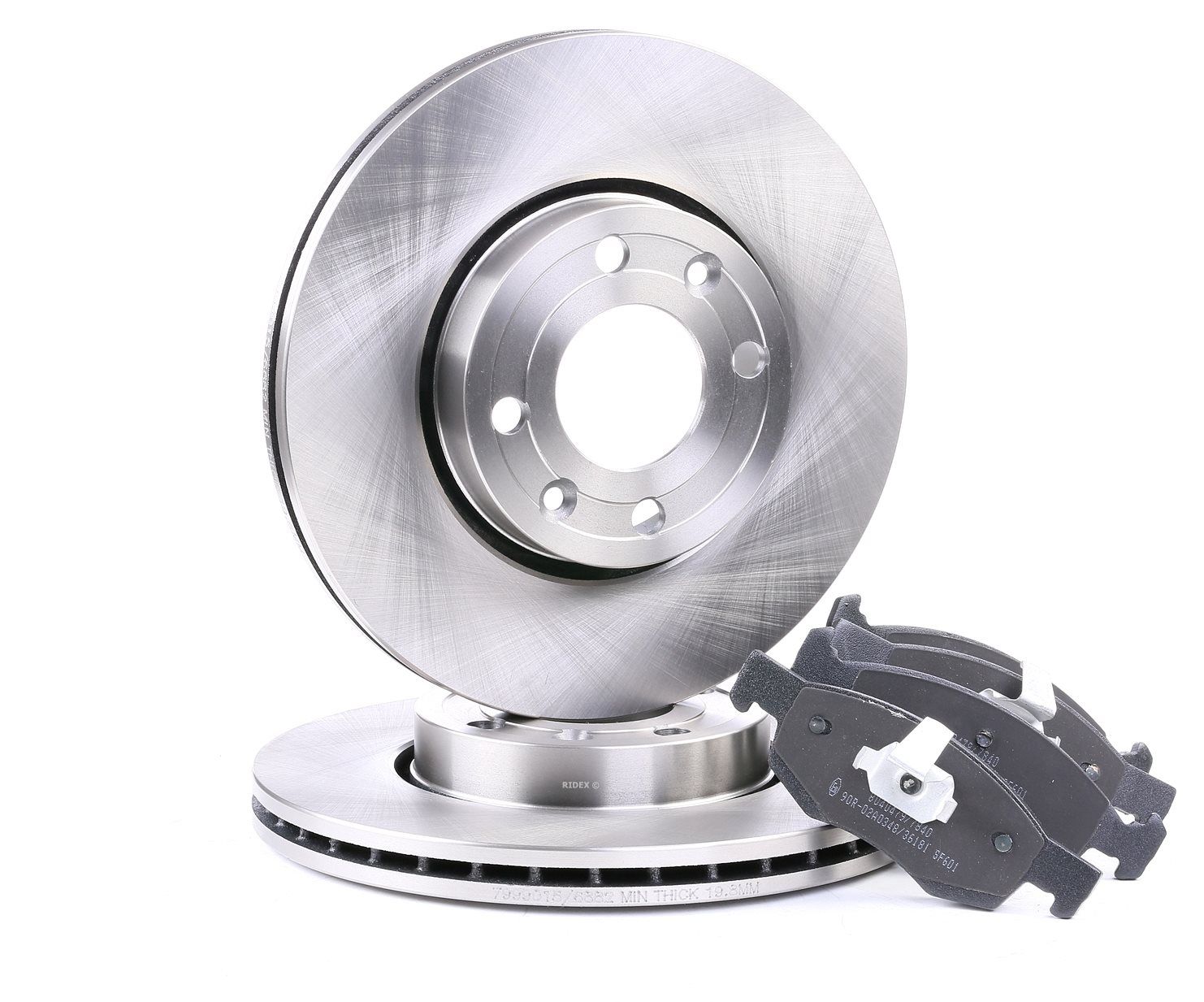 RIDEX 3405B0199 Brake discs and pads set Front Axle, Vented, with anti-squeak plate, excl. wear warning contact