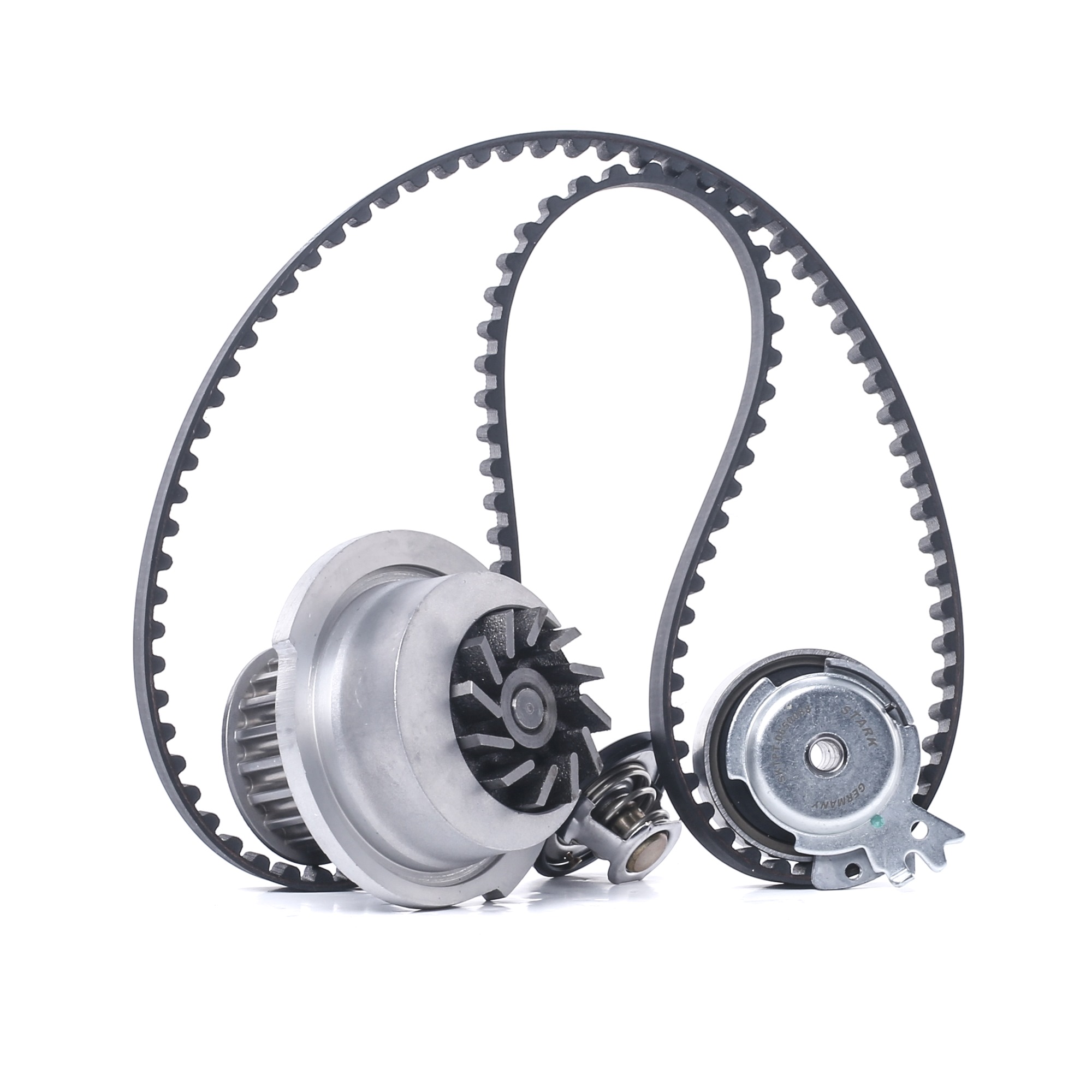 Water pump and timing belt kit STARK with water pump, with tensioner arm, tensioner pulley, with thermostat, Number of Teeth: 111 - SKWPT-0750284