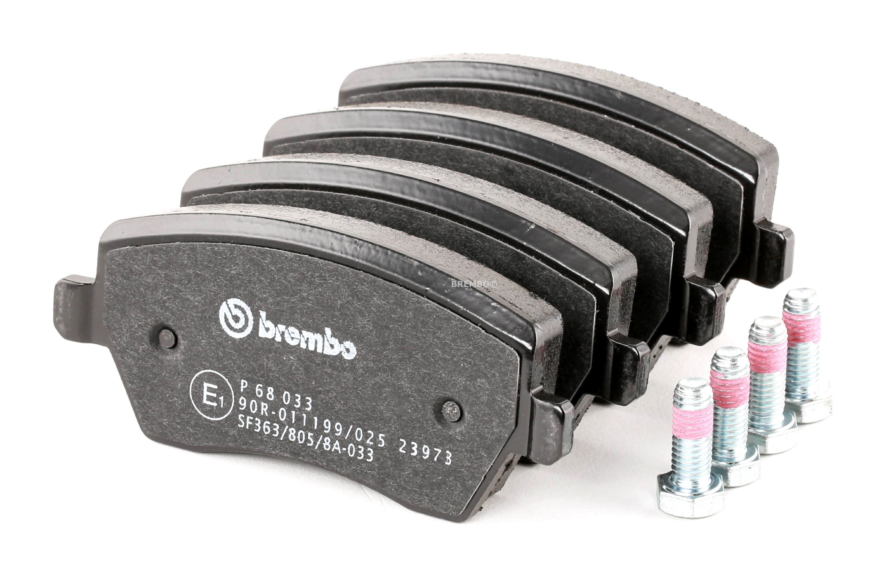 BREMBO P 68 033 Bremsbelagsatz mit akustischer Verschleißwarnung, mit Anti-Quietsch-Blech, mit Zubehör