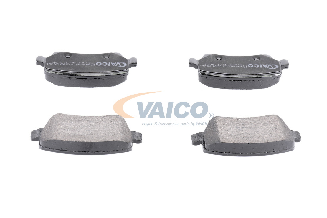VAICO V25-8124 Brake pad set Q+, original equipment manufacturer quality, Rear Axle, not prepared for wear indicator, excl. wear warning contact, with brake caliper screws, with accessories