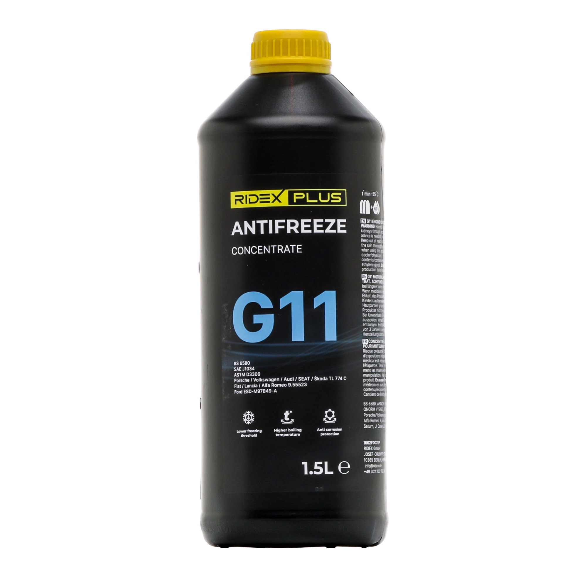 RIDEX PLUS 1602F0021P Antivries / koelvloeistof G11, blauw, 1,5L, Concentraat, Nitraat vrij-Zonder fosfaat, -38(50/50)