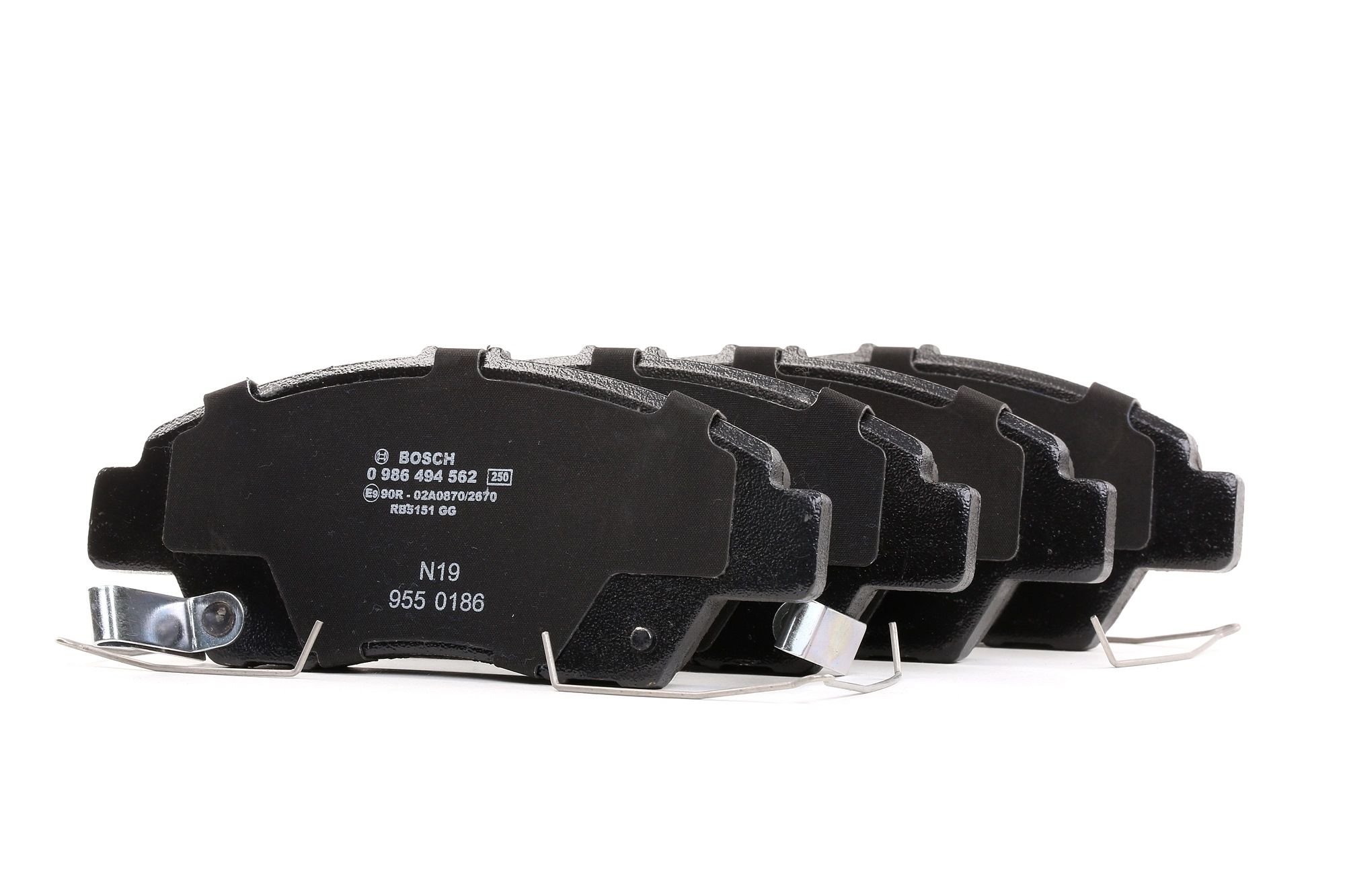 BOSCH 0 986 494 562 Brake pad set Low-Metallic, with acoustic wear warning, with anti-squeak plate, with spring