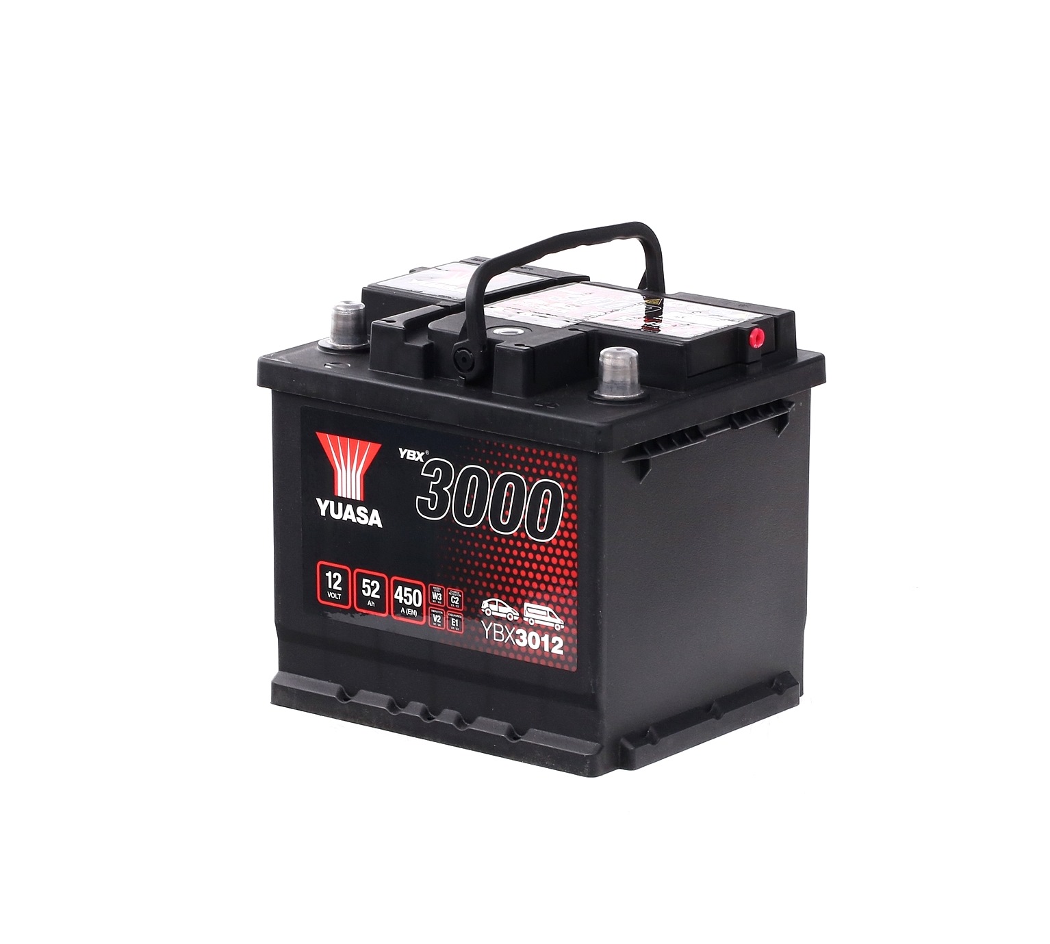 YUASA YBX3000 YBX3012 Batteria 12V 52Ah 450A con maniglie, con indicatore stato carica, Accumulatore piombo-acido