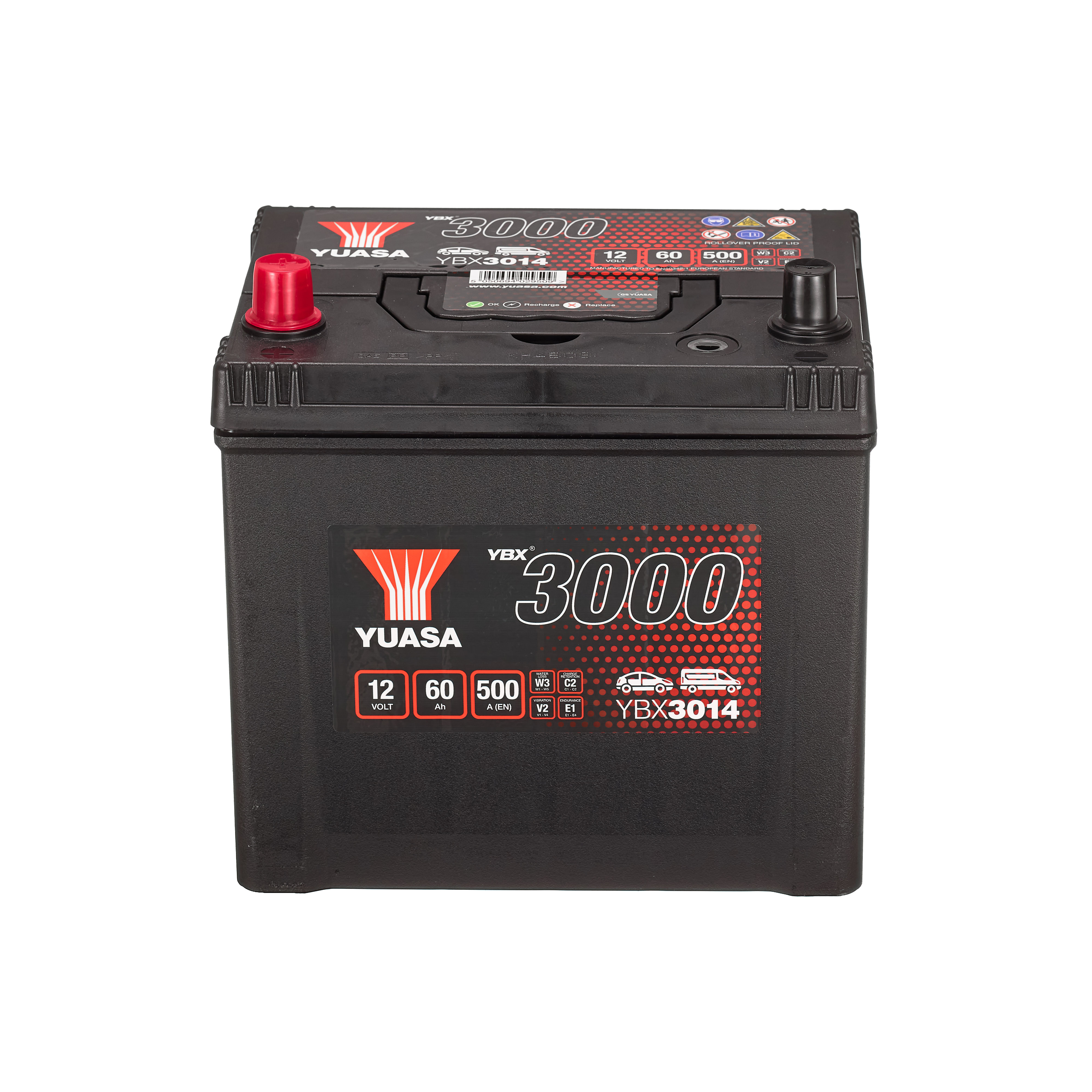 YUASA YBX3000 YBX3014 Batterie 12V 60Ah 500A TOYOTA: Yaris I 3/5 portes, Yaris Verso, GT86 Coupe, CHEVROLET: Aveo / Kalos 3/5 portes, Aveo Berline