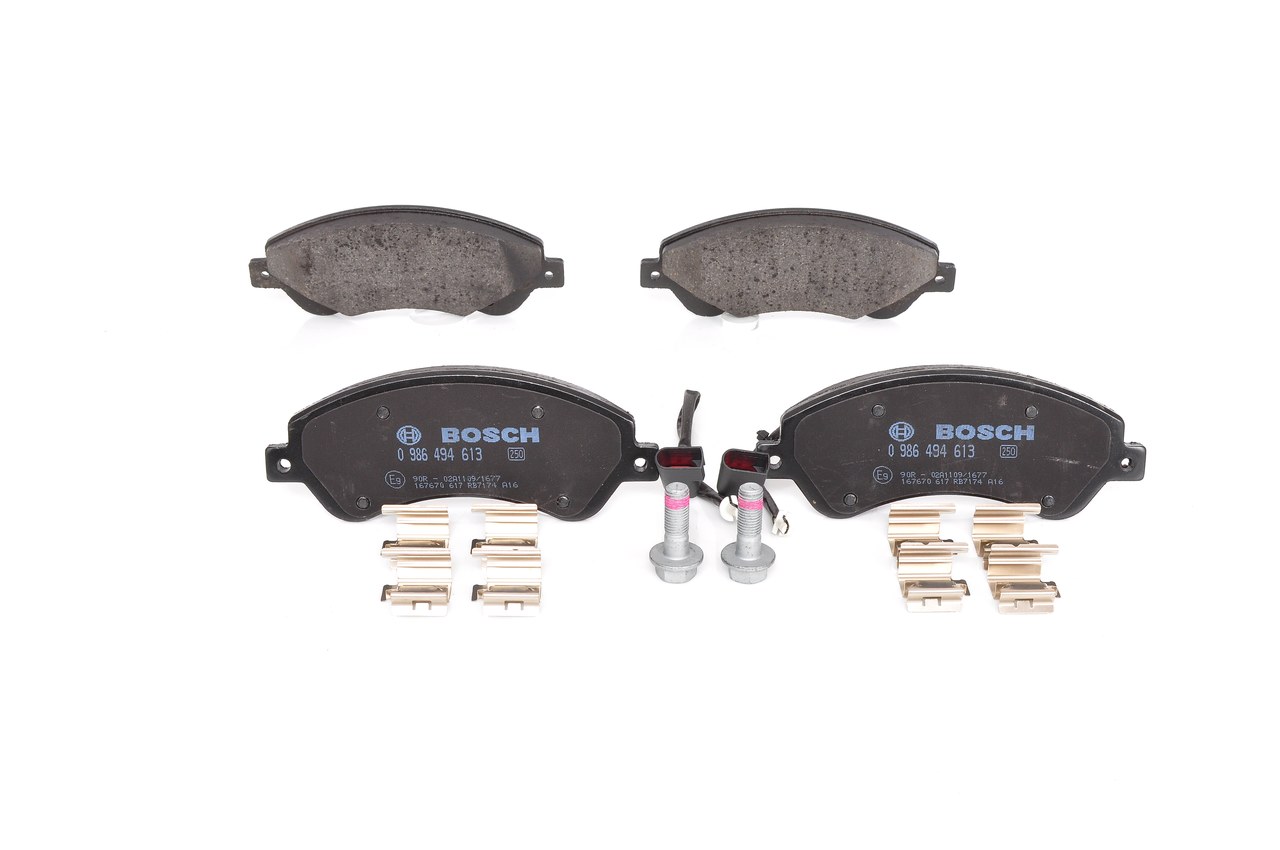 BP1171 BOSCH Low-Metallic, incl. wear warning contact, with mounting manual, with anti-squeak plate, with bolts/screws Height: 65,4mm, Width: 165mm, Thickness: 18,8mm Brake pads 0 986 494 613 buy