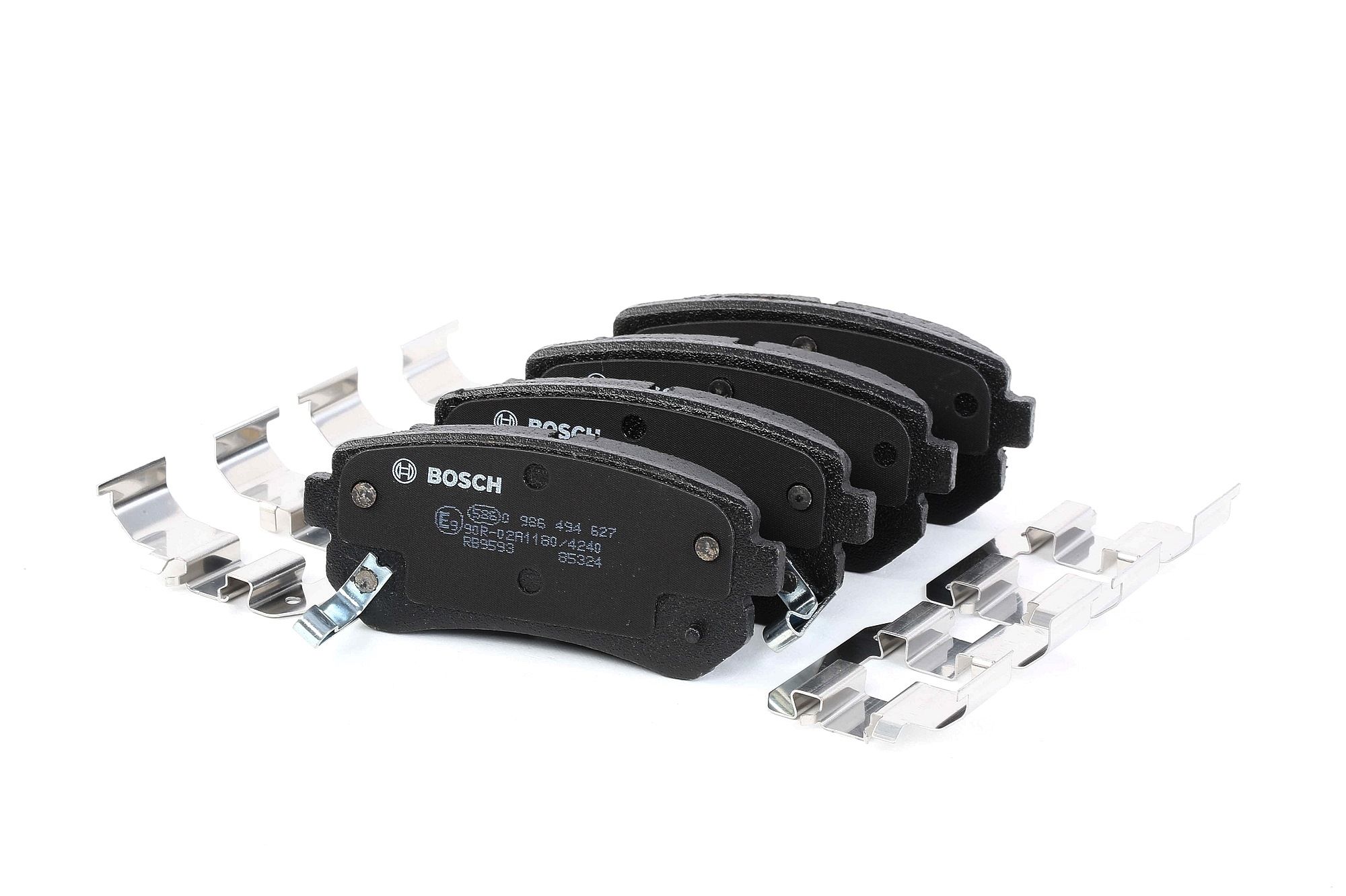 BOSCH 0 986 494 627 Brake pad set Low-Metallic, with acoustic wear warning, with anti-squeak plate, with mounting manual