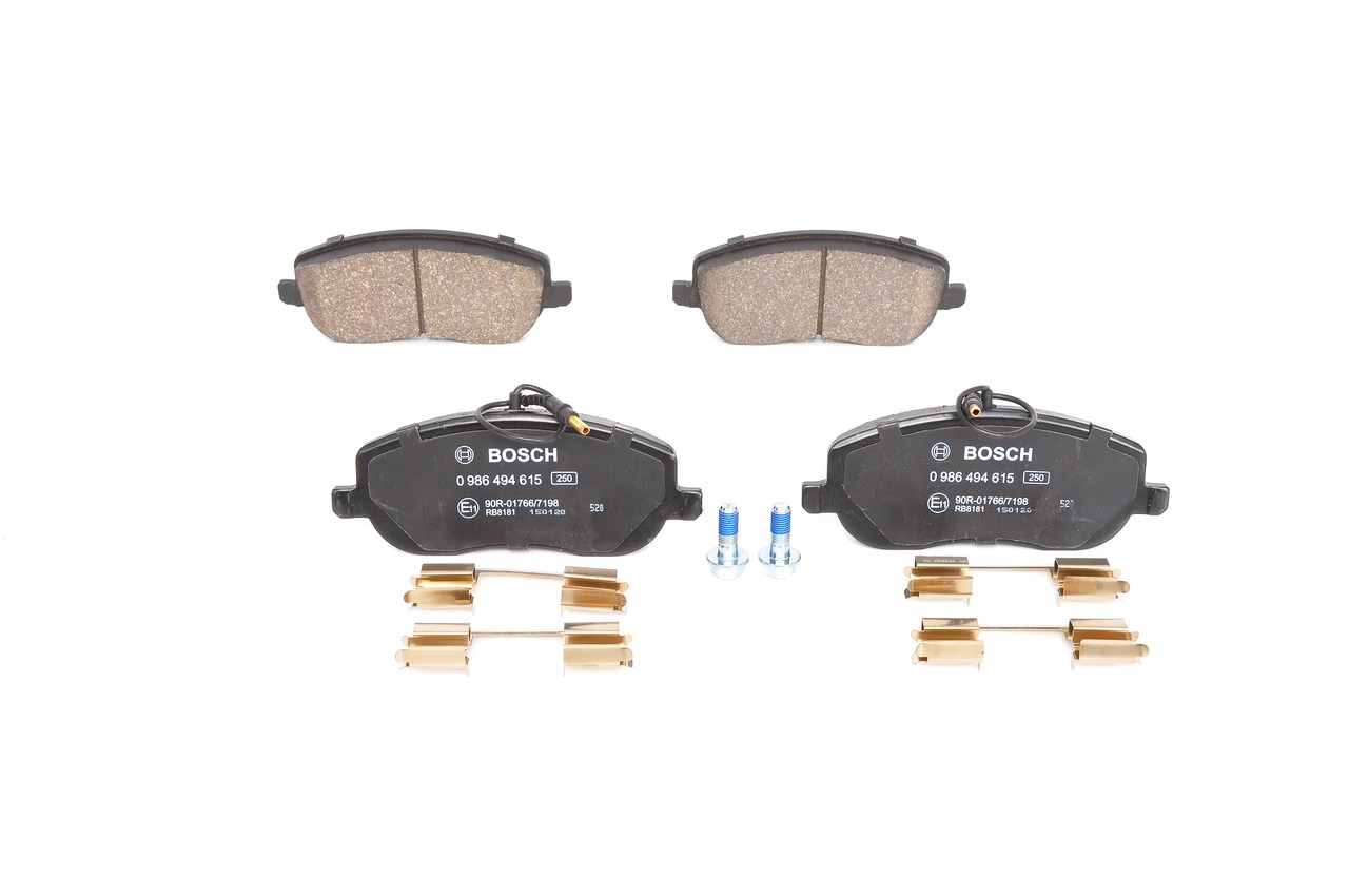BOSCH 0 986 494 615 Brake pad set Low-Metallic, with integrated wear sensor, with anti-squeak plate, with bolts/screws, with accessories