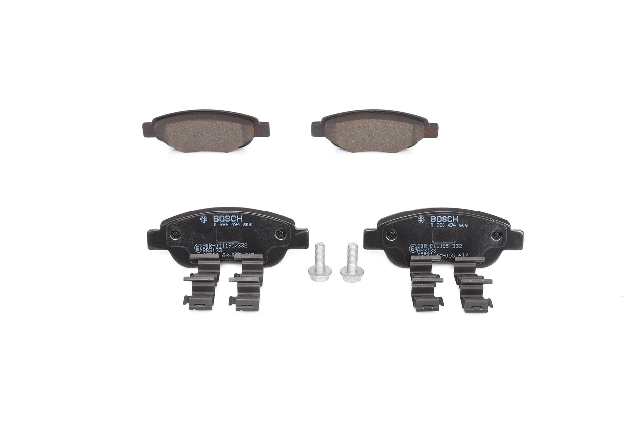 0 986 494 606 BOSCH Brake pad set PEUGEOT Low-Metallic, with mounting manual, with anti-squeak plate, with bolts/screws