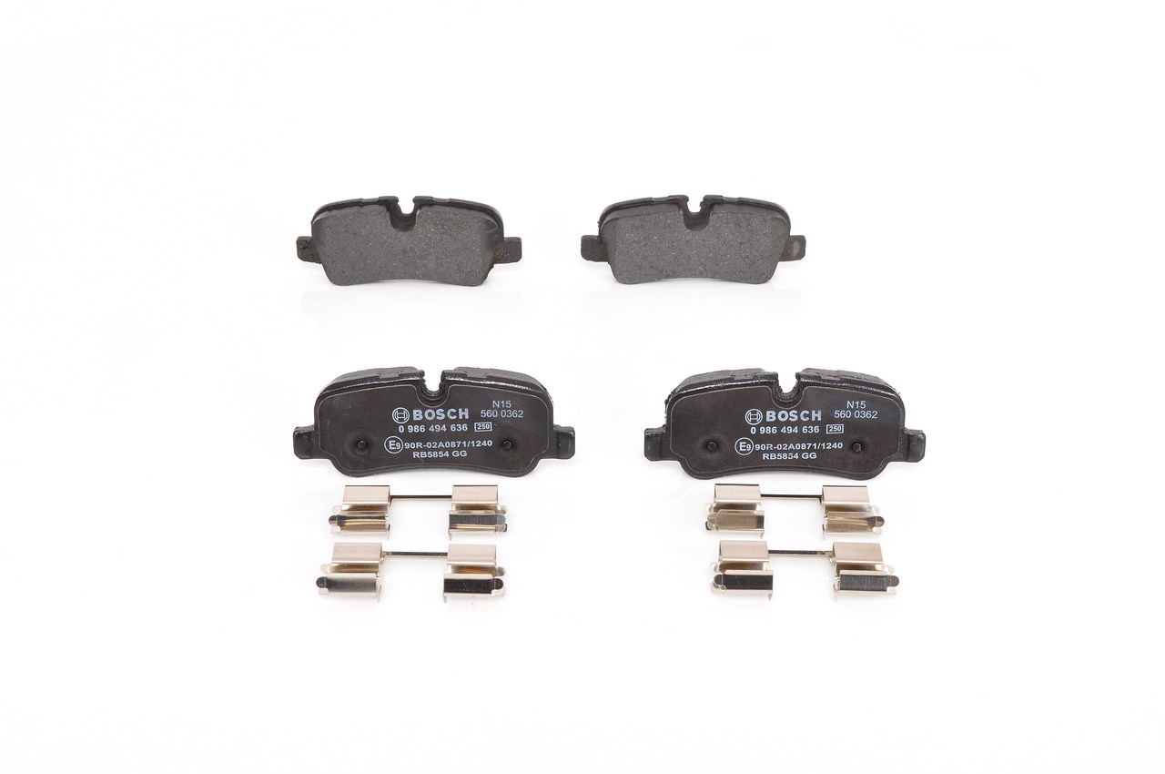 0 986 494 636 BOSCH Brake pad set LAND ROVER Low-Metallic, with anti-squeak plate, with spring