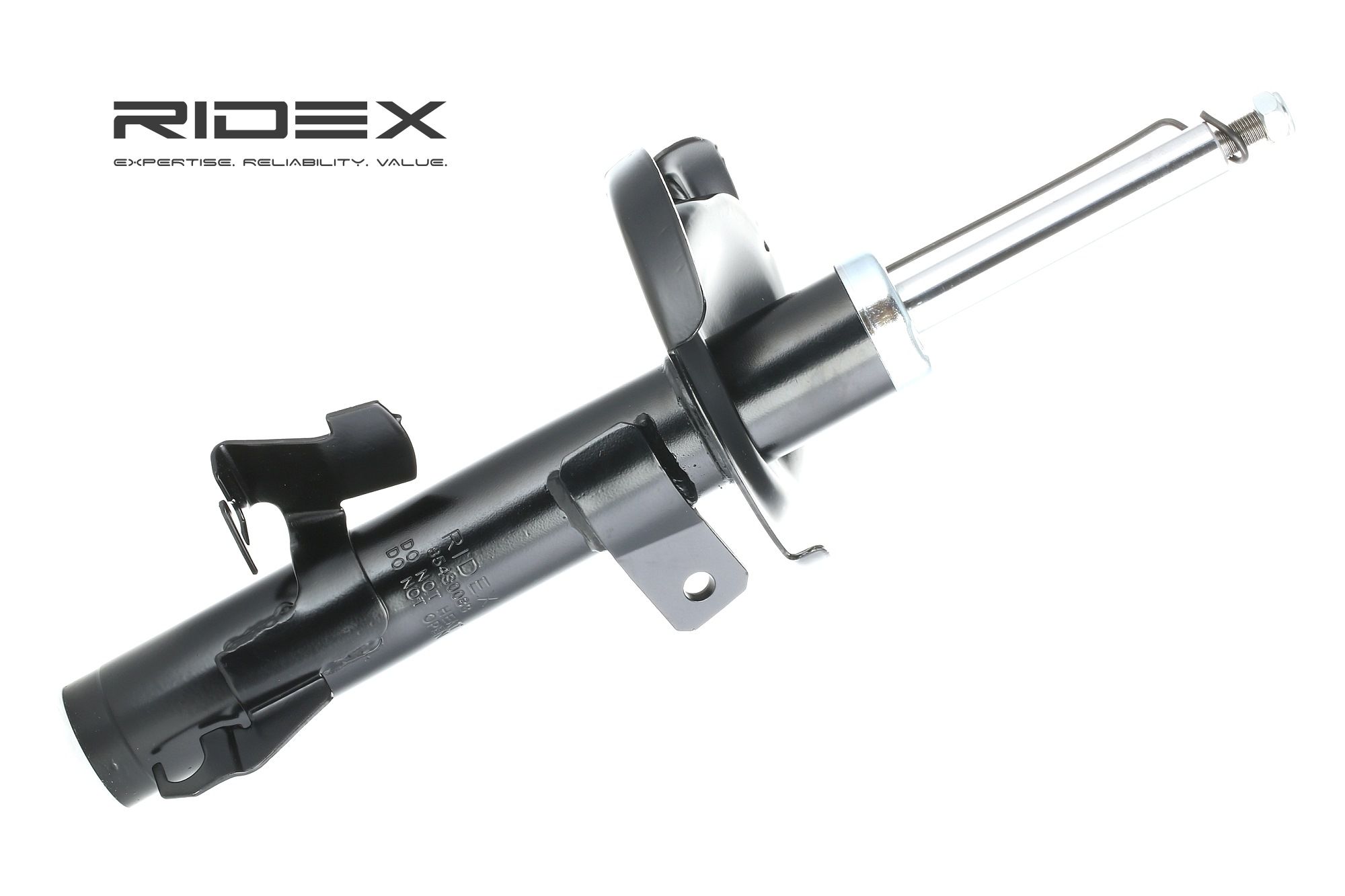 RIDEX 854S0083 MAZDA Stoßdämpfer-Komplettsatz Vorderachse rechts, Gasdruck, Zweirohr, Federbein, oben Stift, unten Schelle