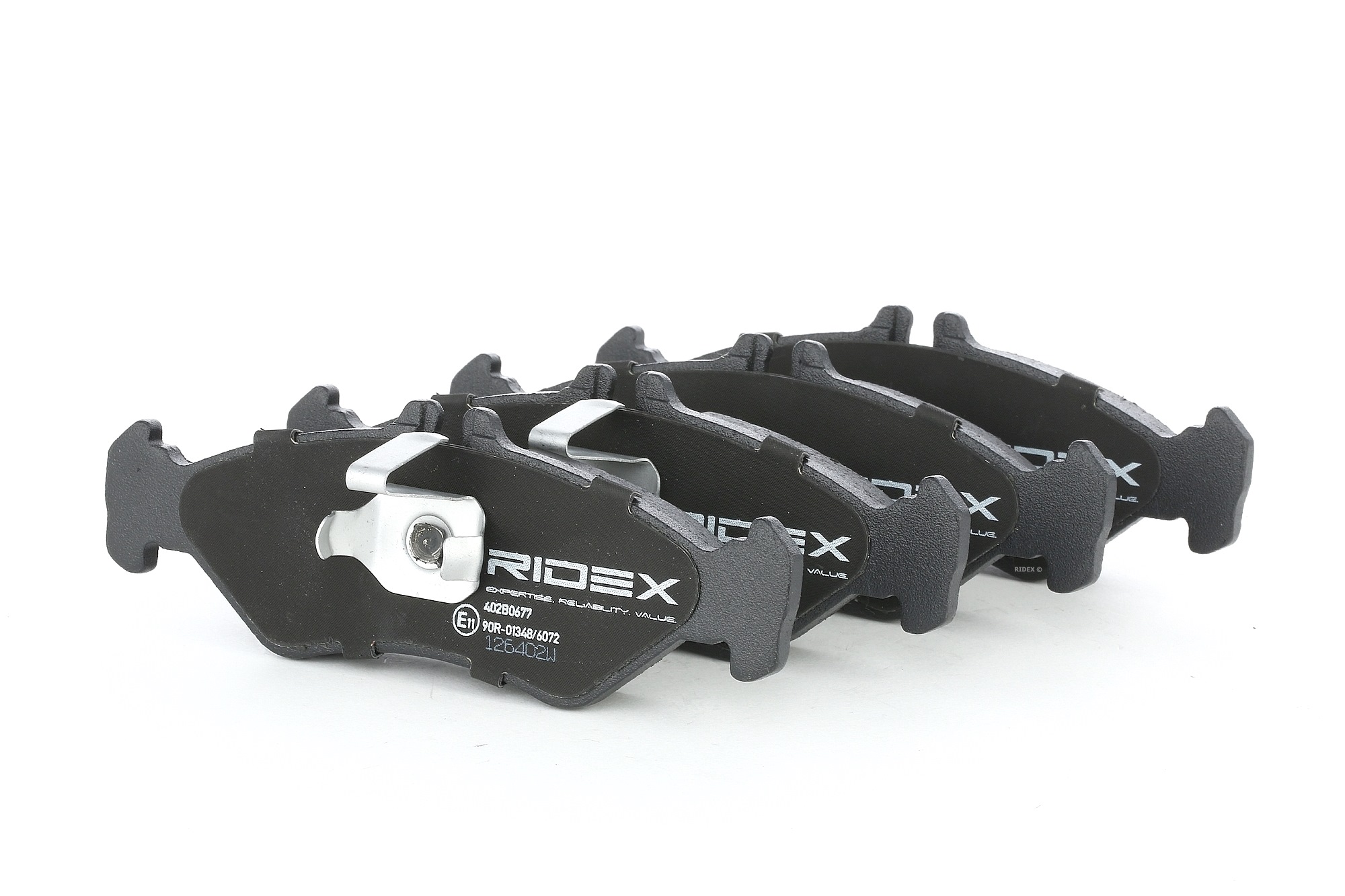 RIDEX 402B0677 Brake pad set Rear Axle, Low-Metallic, prepared for wear indicator, with piston clip