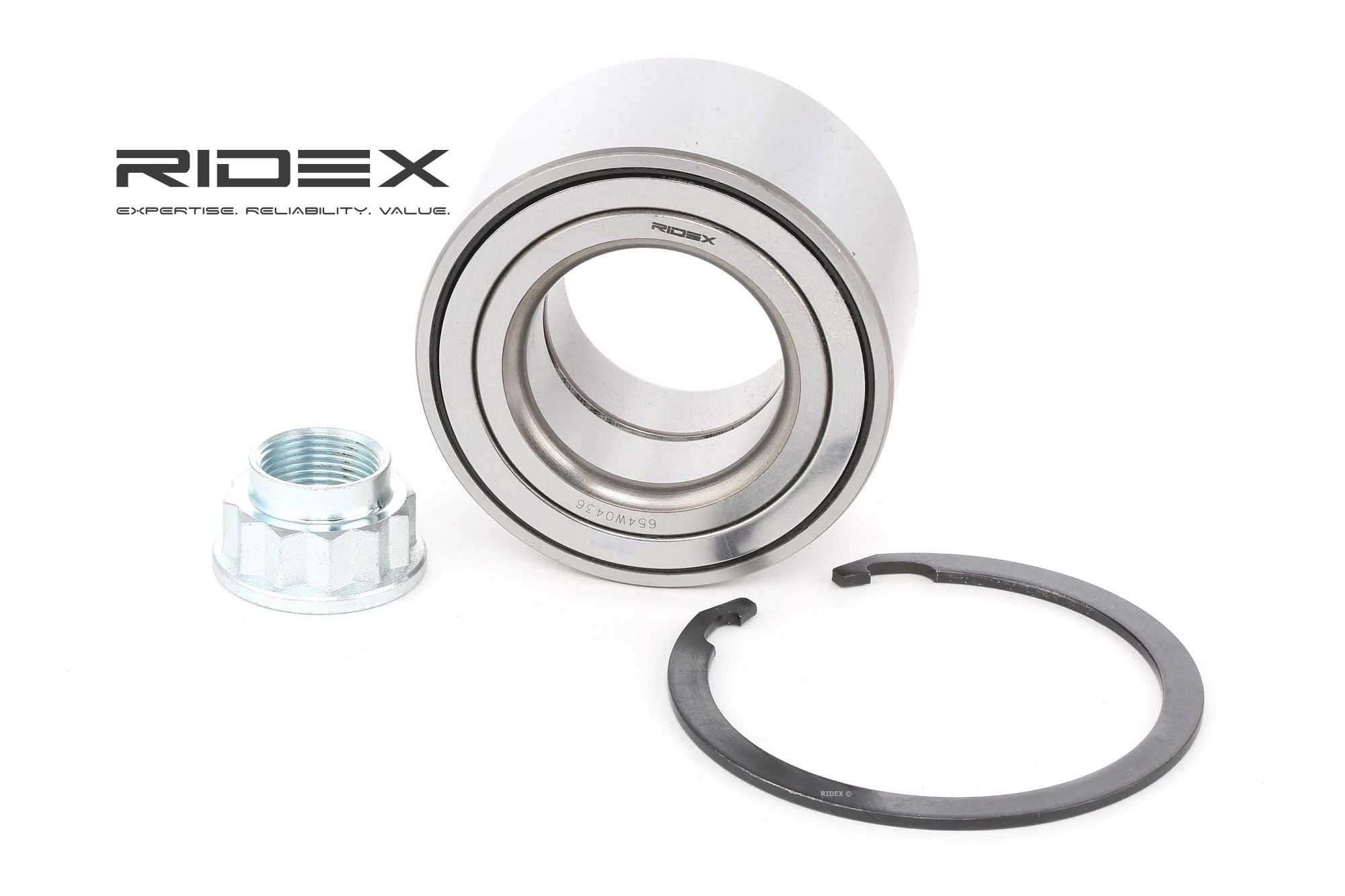 RIDEX 654W0436 Wheel bearing kit Front axle both sides, with crown nut, 84 mm