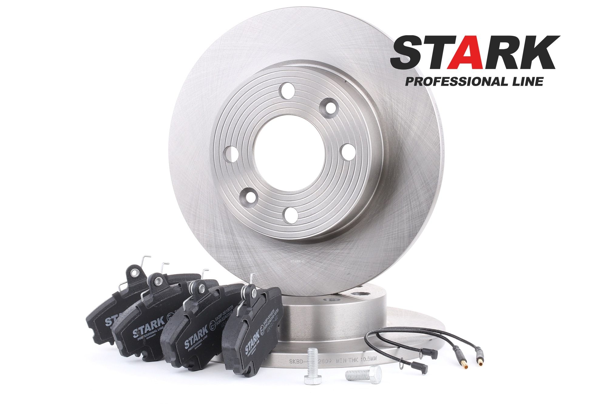 STARK SKBK-1090094 Brake discs and pads set Front Axle, solid, incl. wear warning contact