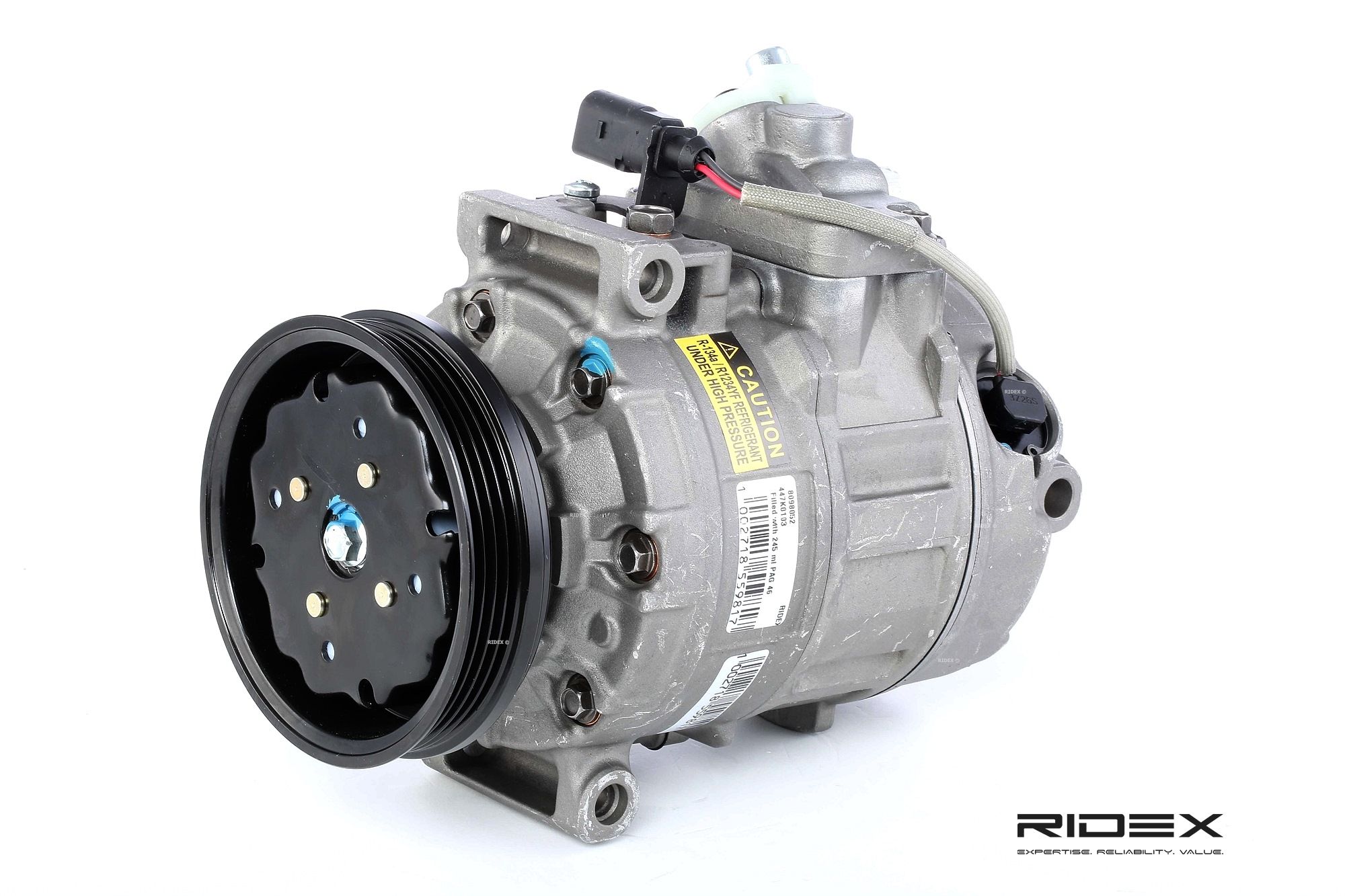 447K0103 RIDEX Air con compressor AUDI Denso 7SEU16C, PAG 46, with PAG compressor oil
