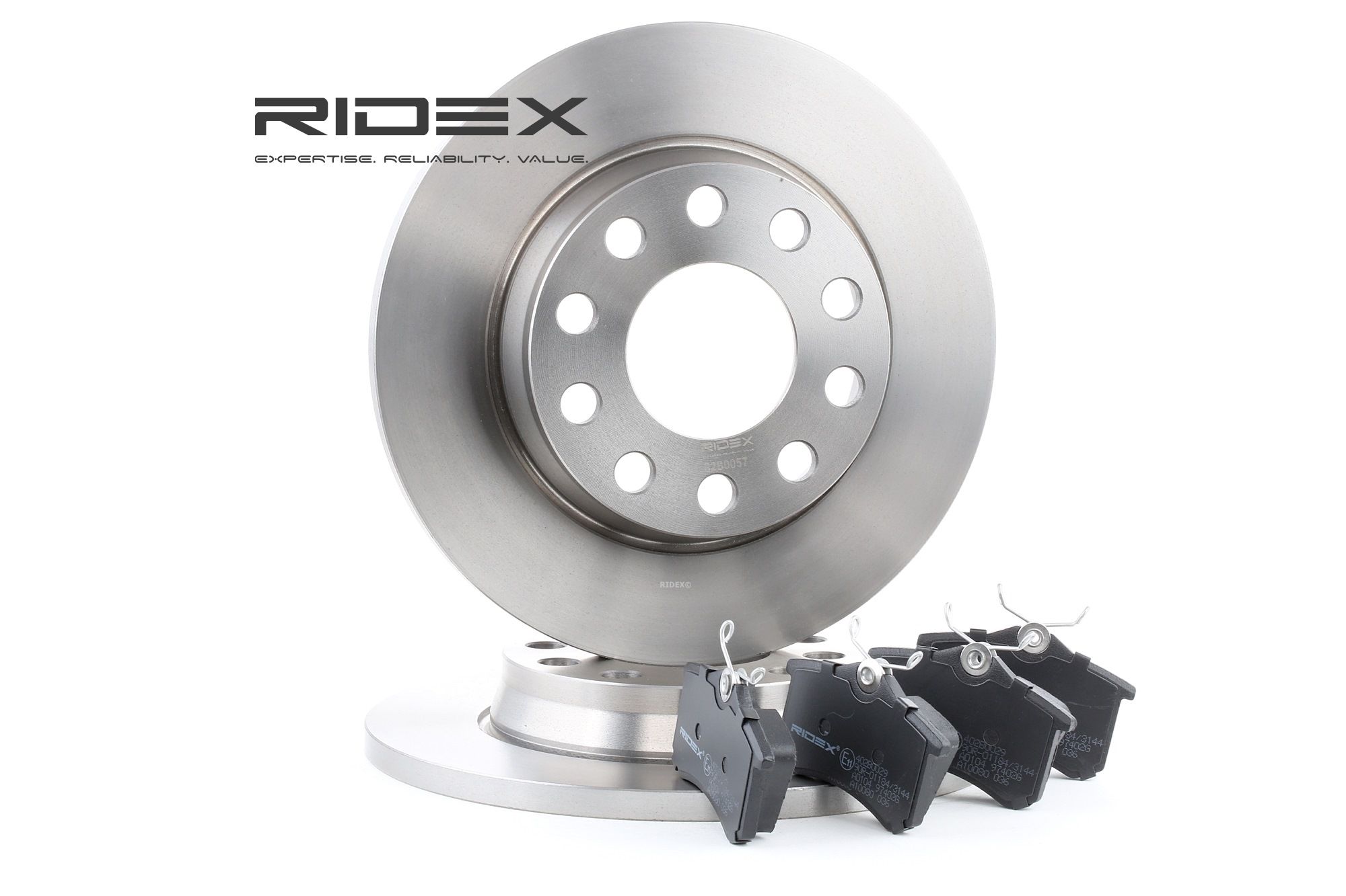 RIDEX 3405B0018 Kit dischi e pastiglie freno Assale posteriore, pieno, Non predisposto per contatto segnalazione usura