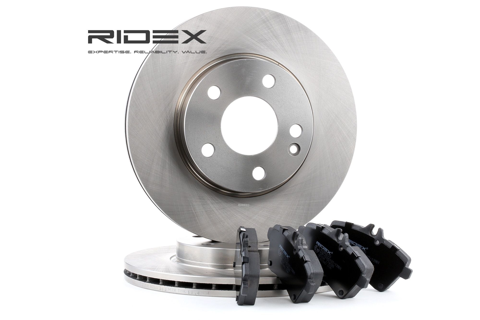 RIDEX 3405B0181 Brake discs and pads set Front Axle, Vented, with anti-squeak plate, prepared for wear indicator, excl. wear warning contact