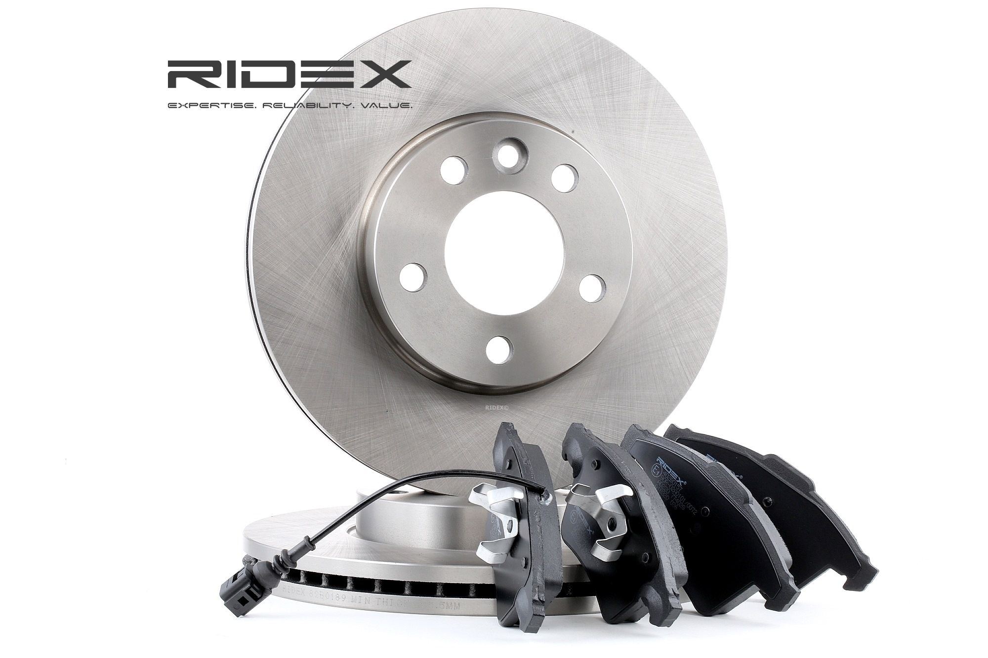 RIDEX 3405B0137 Brake discs and pads set Front Axle, Vented, with anti-squeak plate, incl. wear warning contact
