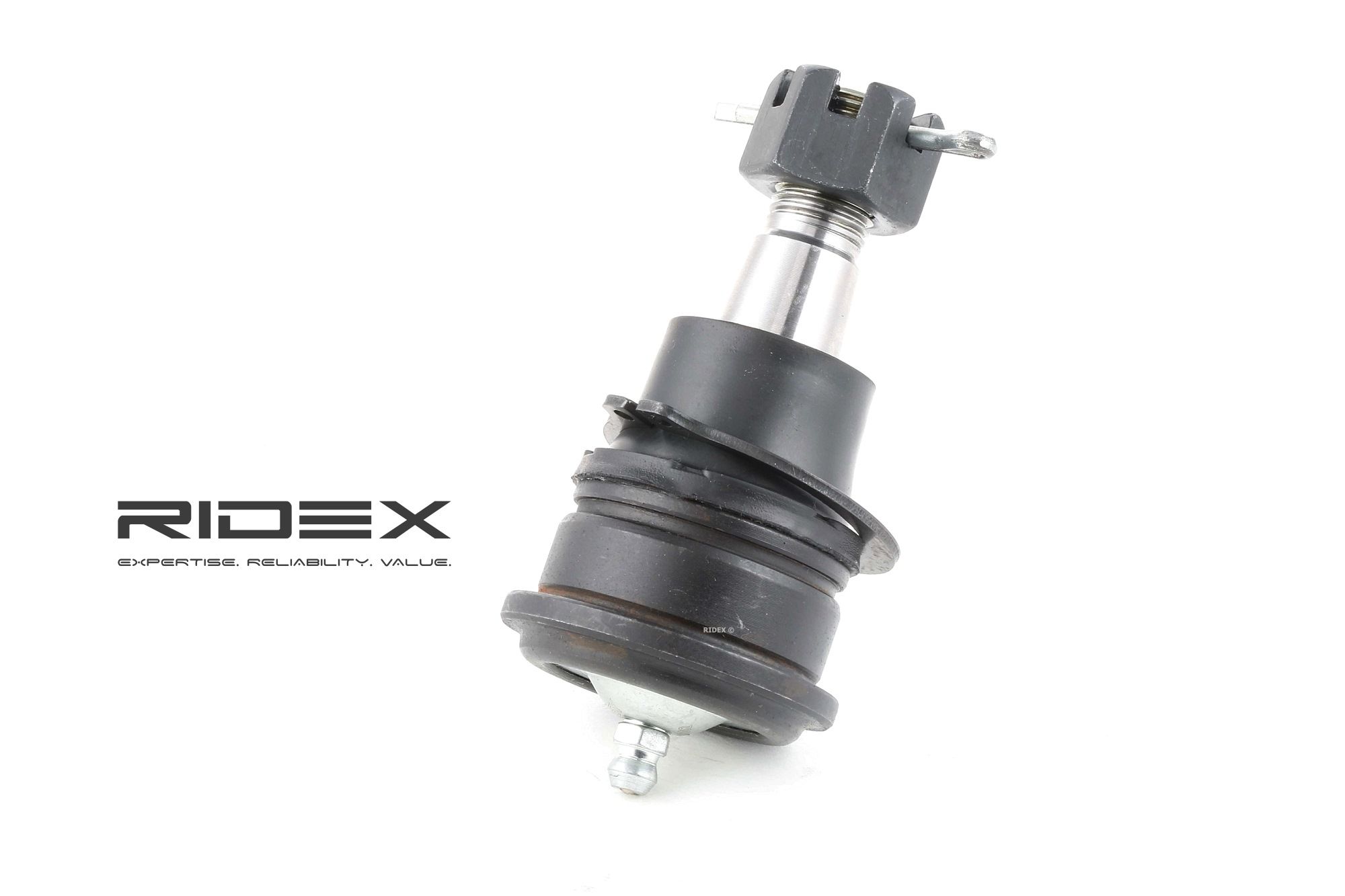 RIDEX 2462S0062 Ball Joint Front Axle, Front axle both sides, outer, both sides, with nut, 18,6mm, 38,2mm, for control arm, 15mm, 85mm, 1:6
