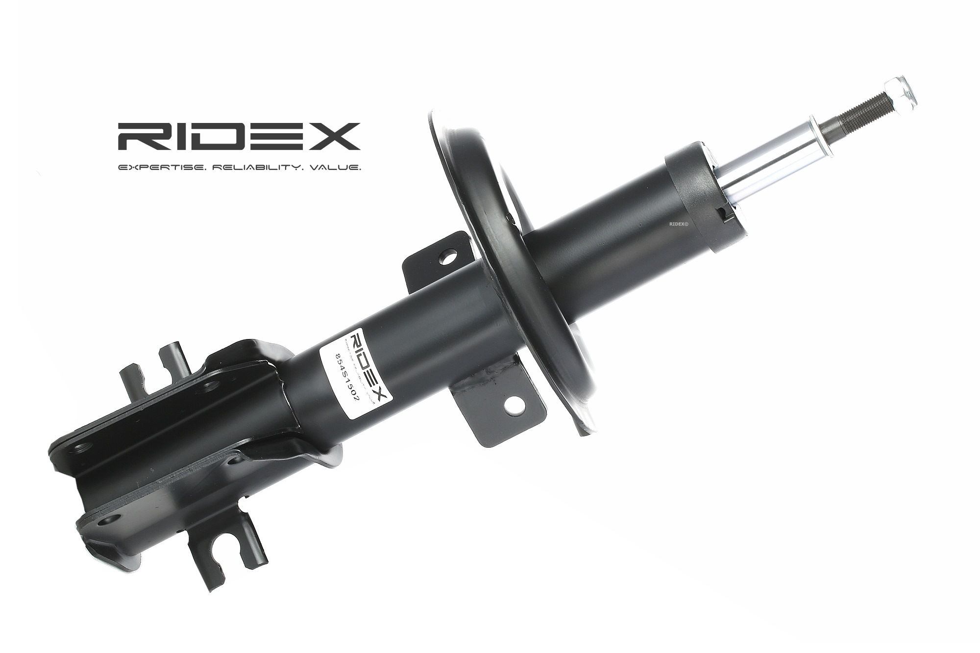 RIDEX 854S1502 Shock absorber Front Axle, Gas Pressure, Suspension Strut, Top pin, Bottom Clamp