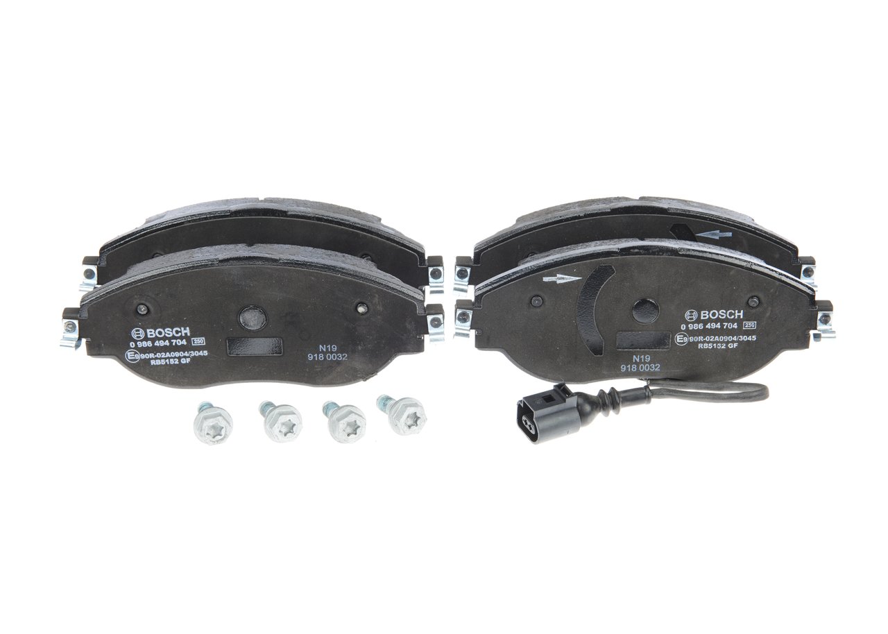 BOSCH 0 986 494 704 Brake pad set Low-Metallic, with integrated wear sensor, with anti-squeak plate, with bolts/screws, with accessories