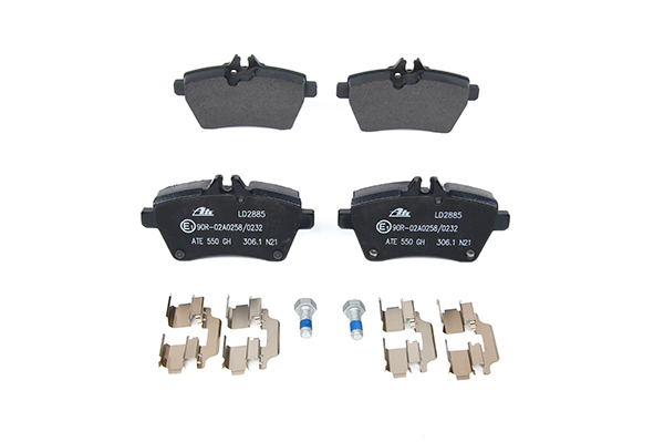 ATE Ceramic 13.0470-2885.2 Brake pad set prepared for wear indicator, excl. wear warning contact, with brake caliper screws, with accessories